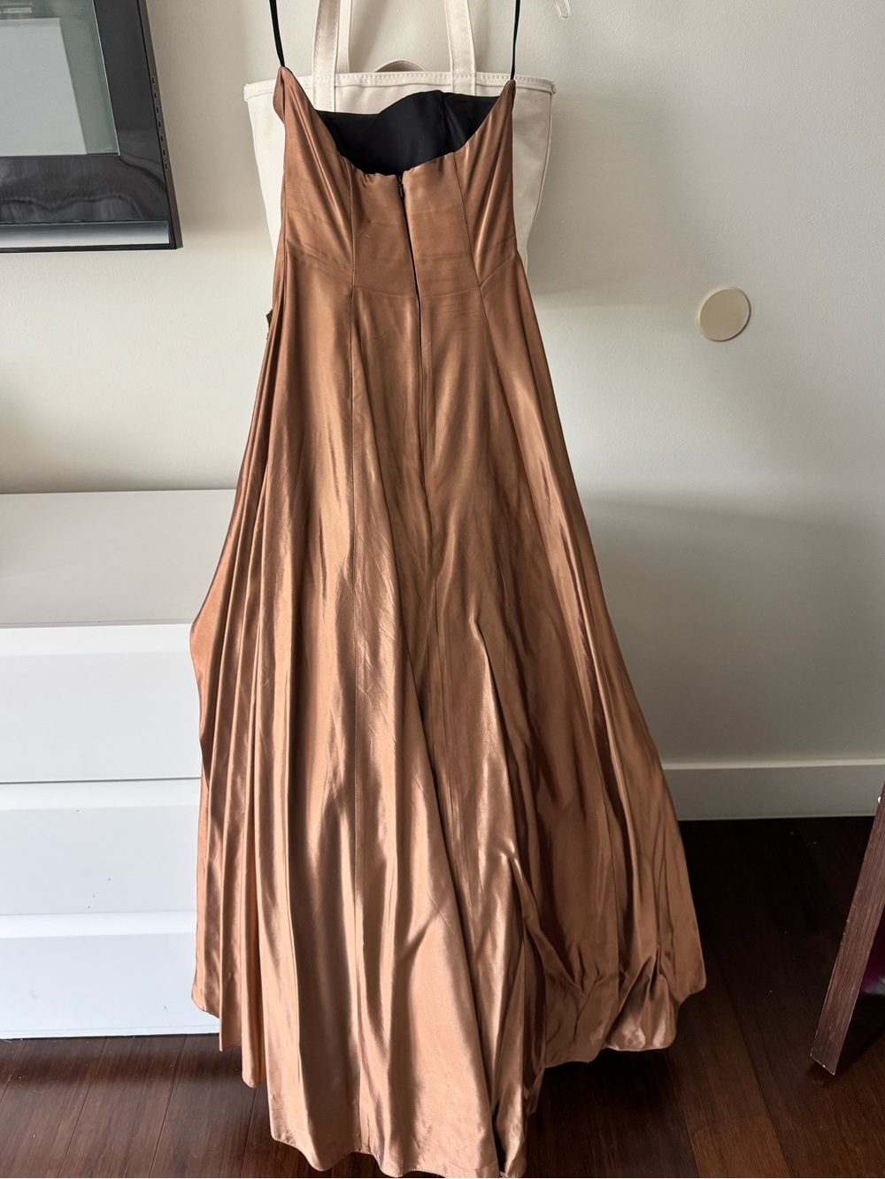 Jessica MACLINTOCK Strapless Satin Evening Gown w/ Velvet Floral Accent - Bronze - Picture 4 of 10
